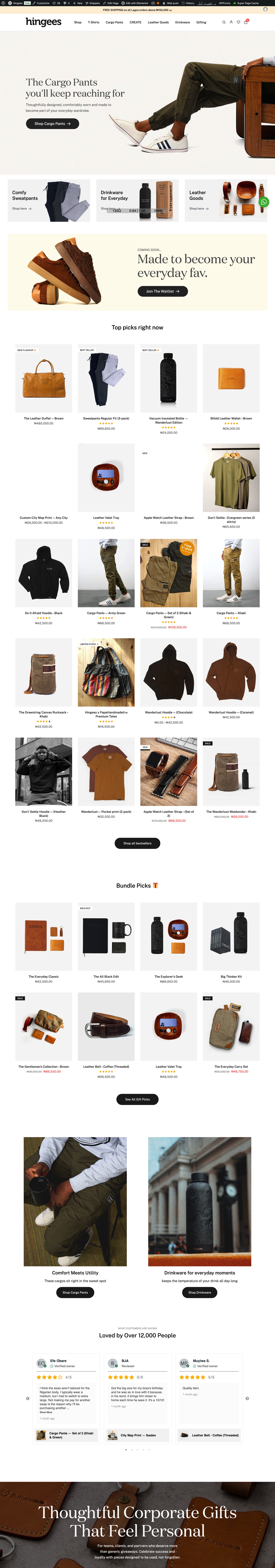 Hingees ecommerce website featuring apparel, leather goods, drinkware, and gifts
