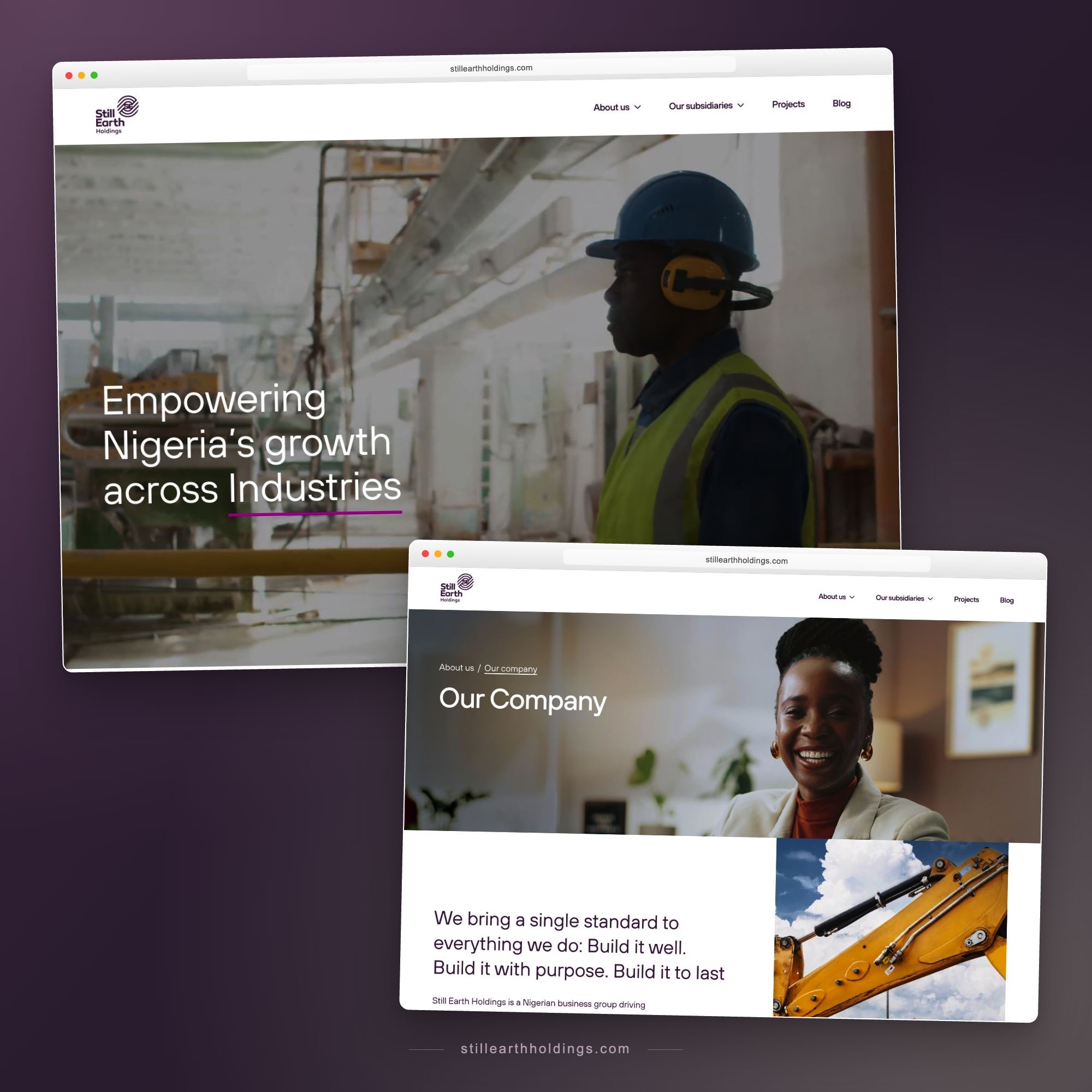 Still Earth Holdings homepage and company page presented in overlapping browser mockups on a plum background