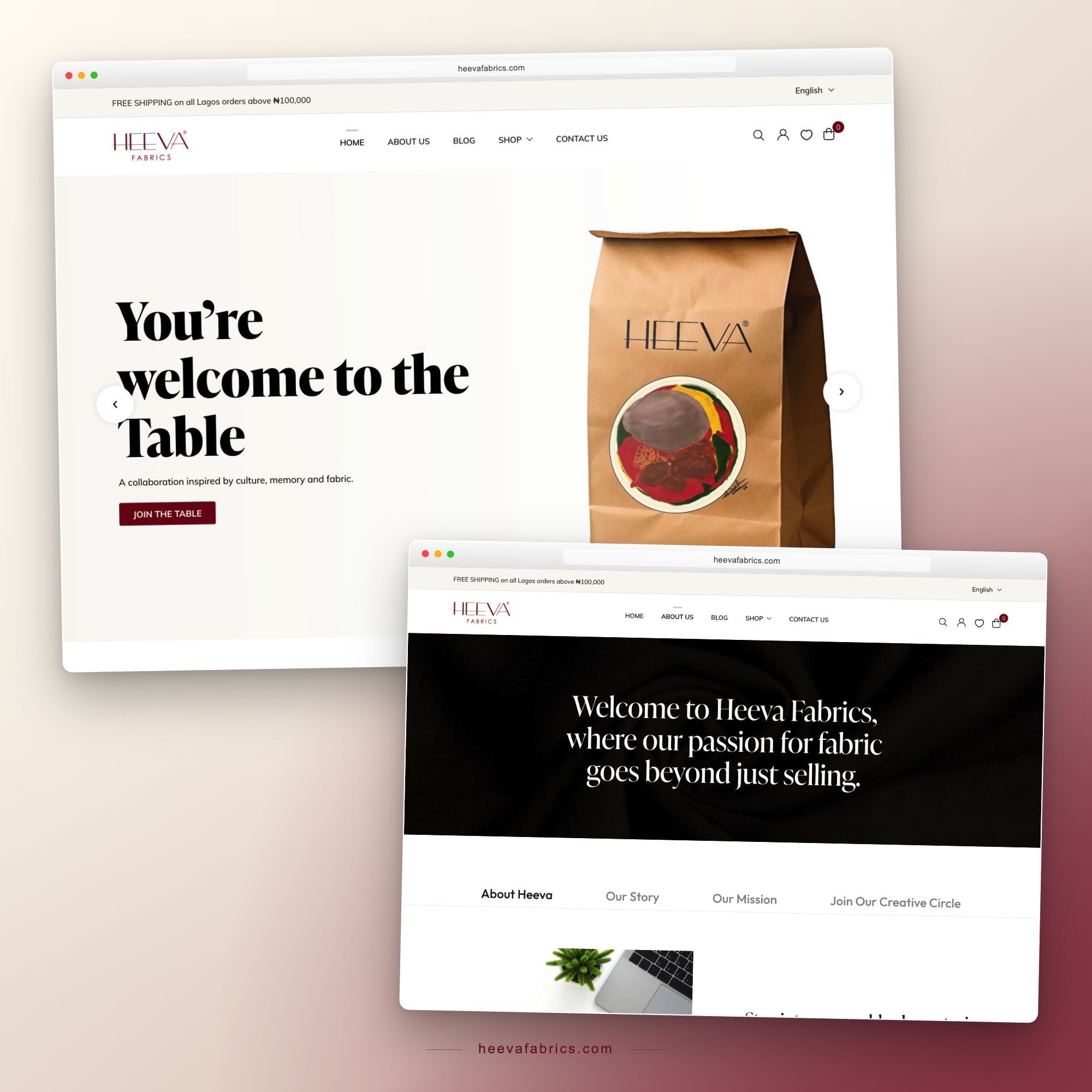 Heeva Fabrics homepage and About page displayed in browser mockups with burgundy fabric and an ivory background